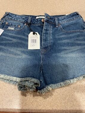 Cleo + Wolf size 30 High-Rise Frayed Hem Denim Shorts - Dark Blue